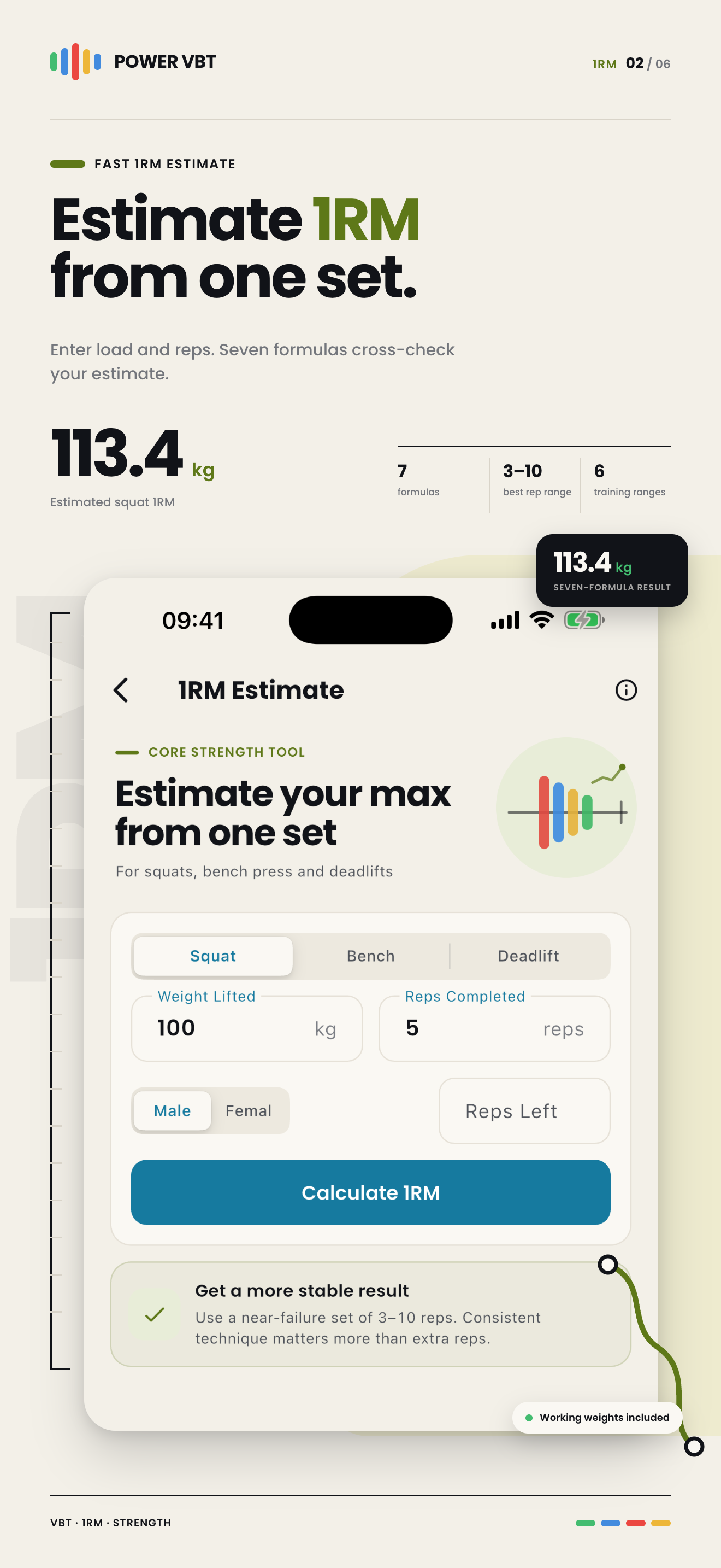 Power VBT 1RM estimate screen